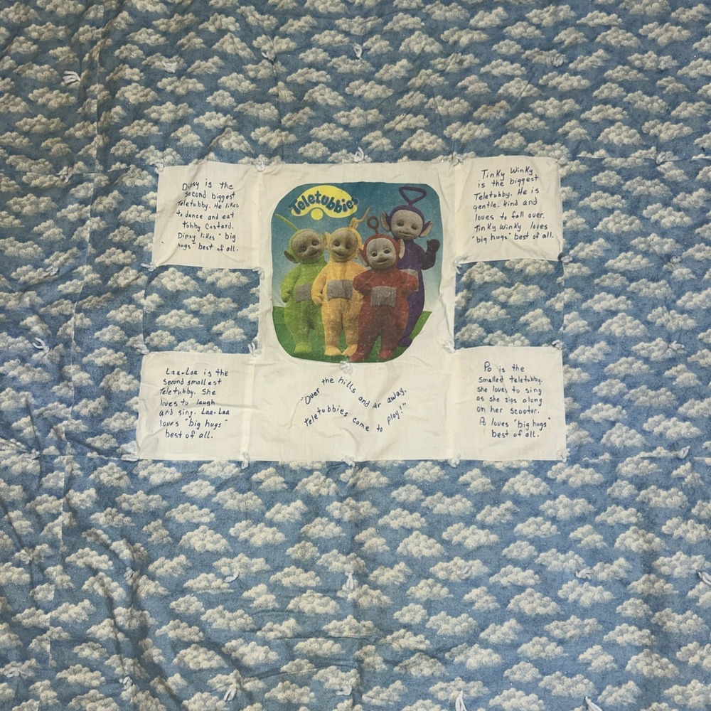 Vintage Teletubbies Handmade Quilt Blue White Clouds Celestial 49x86 Baby Kids